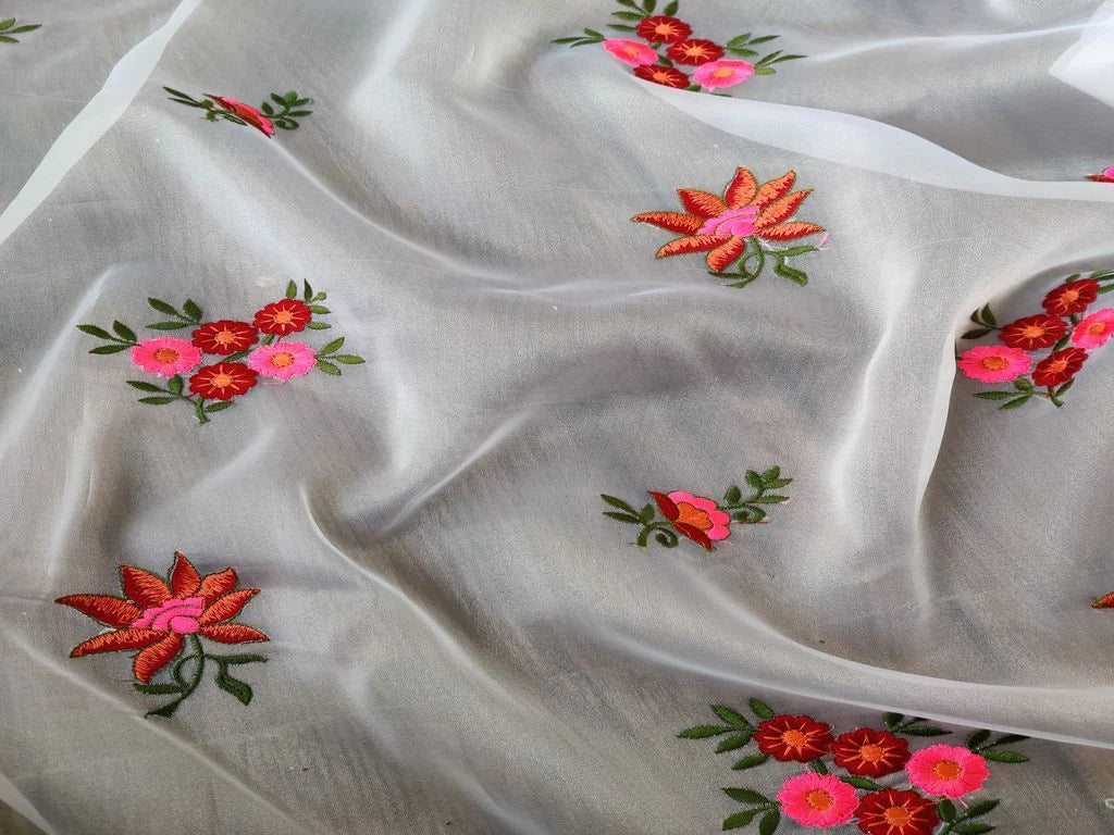 White Multicolour Flowers Embroidered Organza Fabric