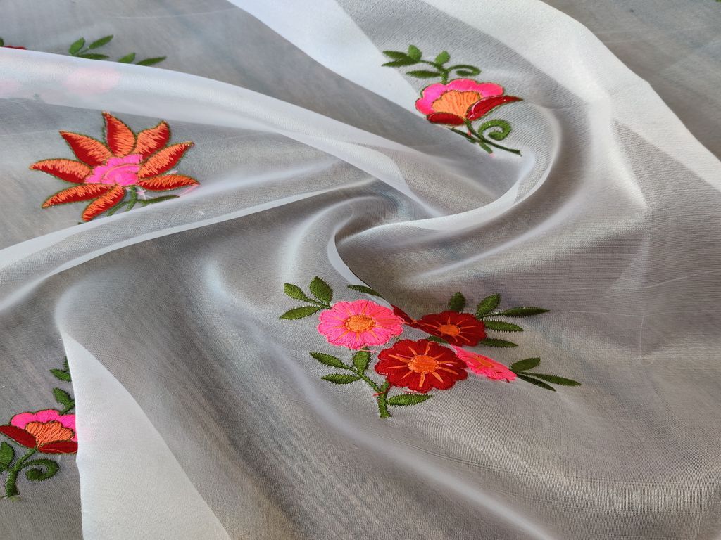 White Multicolour Flowers Embroidered Organza Fabric