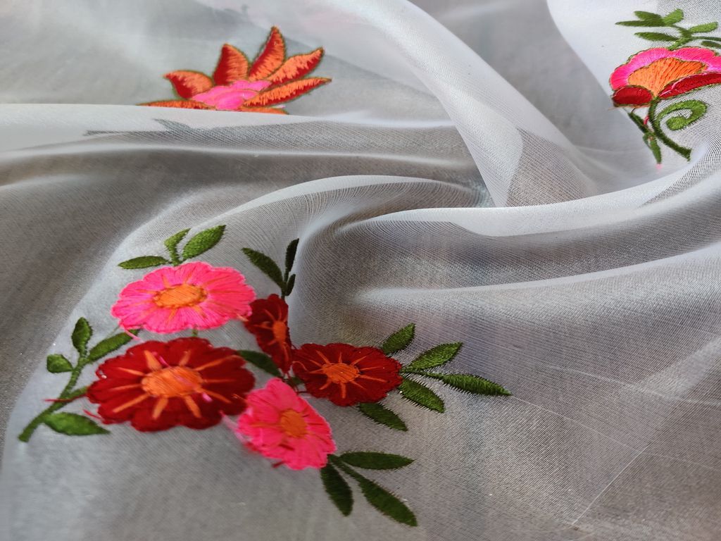 White Multicolour Flowers Embroidered Organza Fabric