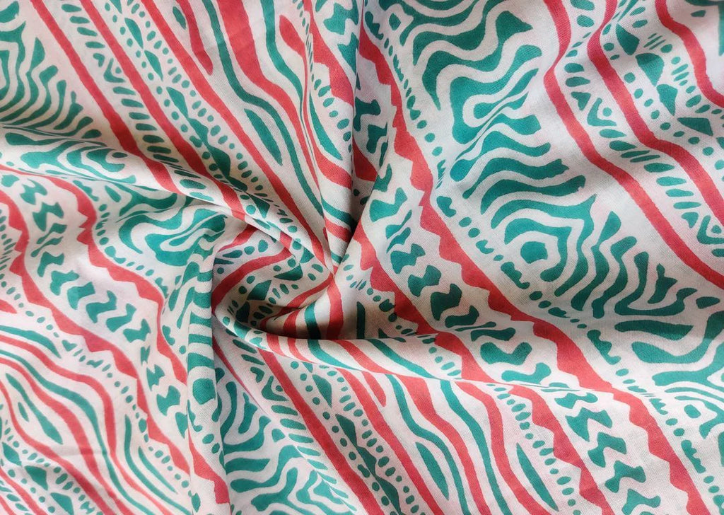 White Teal Pink Abstract Printed Cotton Fabric