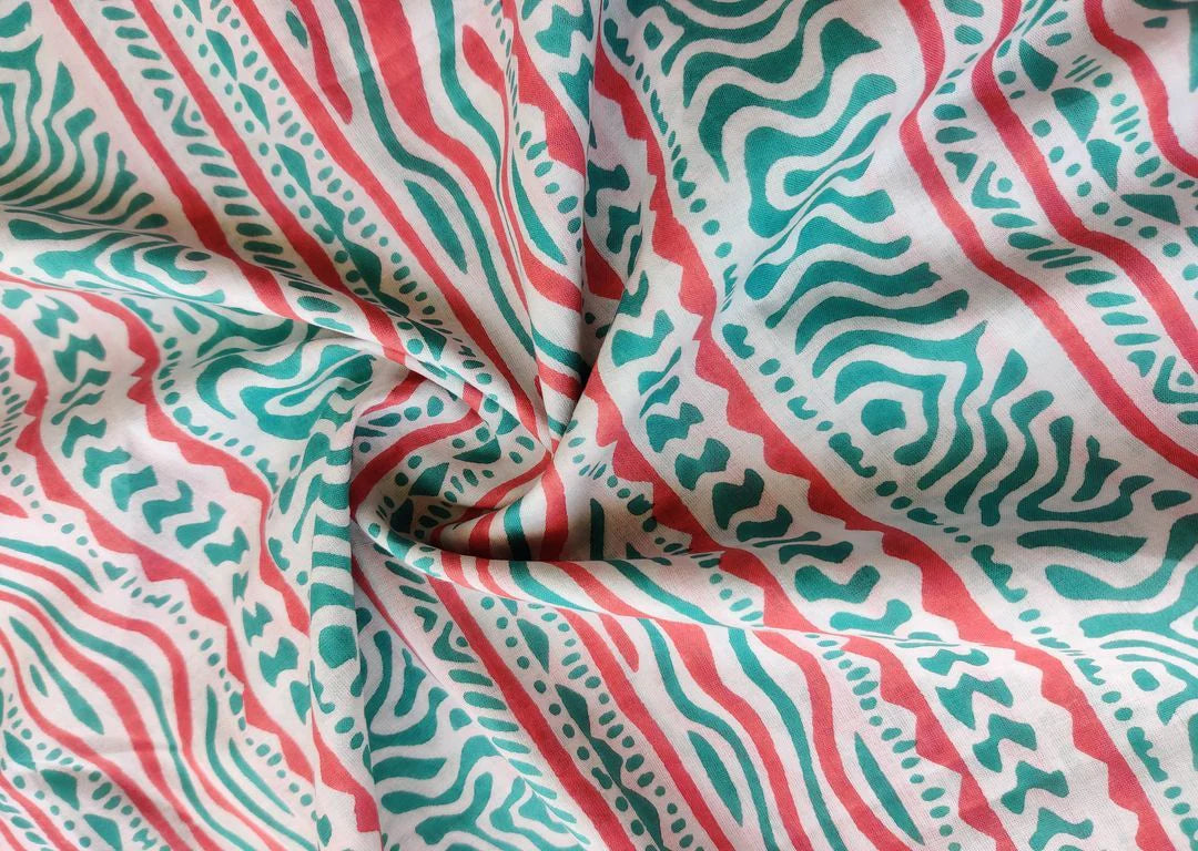 White Teal Pink Abstract Printed Cotton Fabric