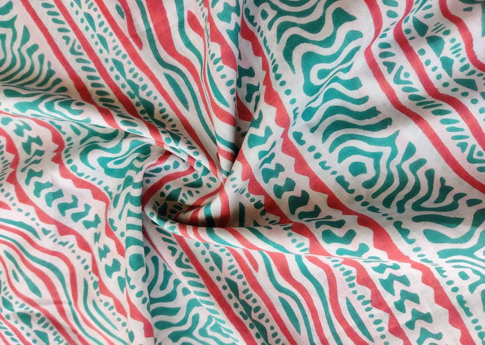 White Teal Pink Abstract Printed Cotton Fabric