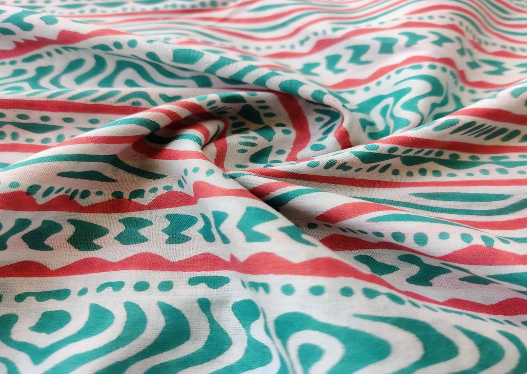 White Teal Pink Abstract Printed Cotton Fabric