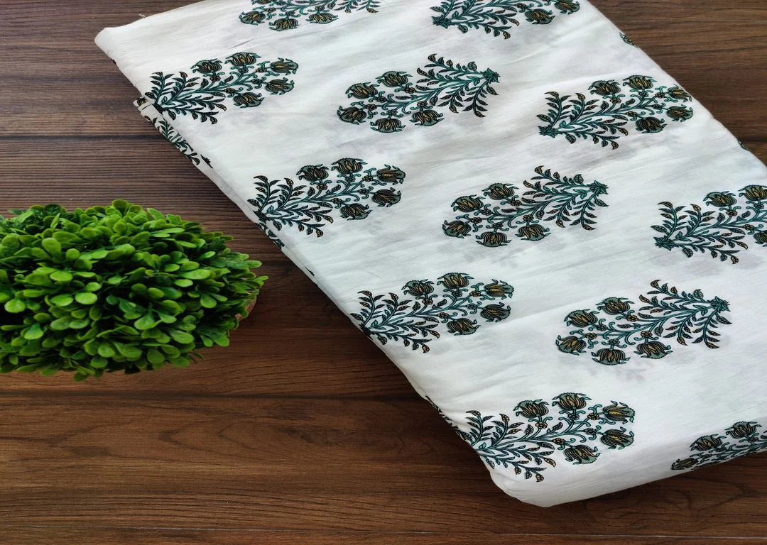 White Teal Blue Flowers Block Printed Cotton Fabric