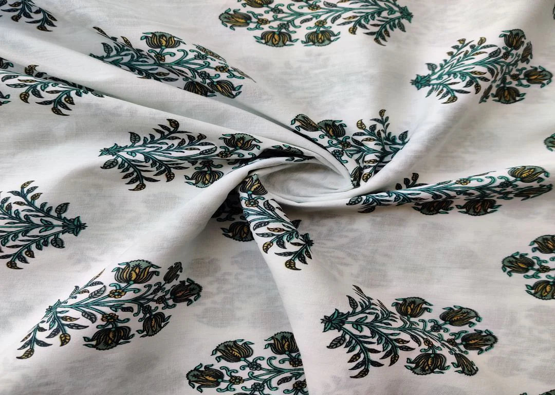 White Teal Blue Flowers Block Printed Cotton Fabric