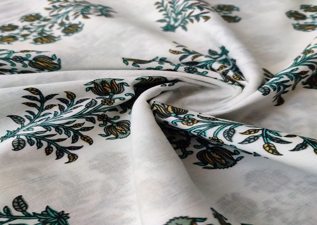 White Teal Blue Flowers Block Printed Cotton Fabric