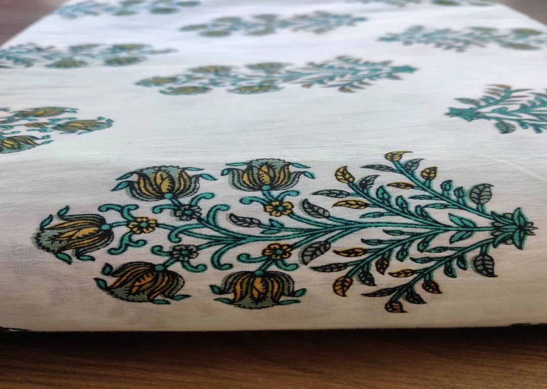 White Teal Blue Flowers Block Printed Cotton Fabric