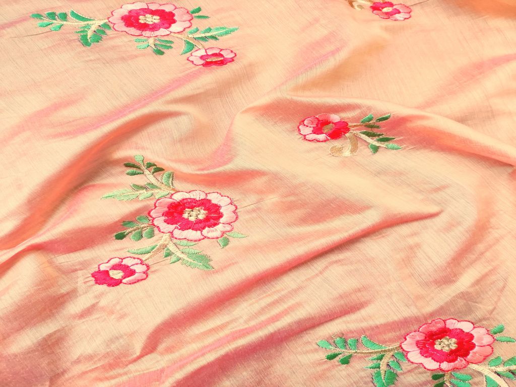 Pink Yellow Floral Embroidered Chanderi Fabric