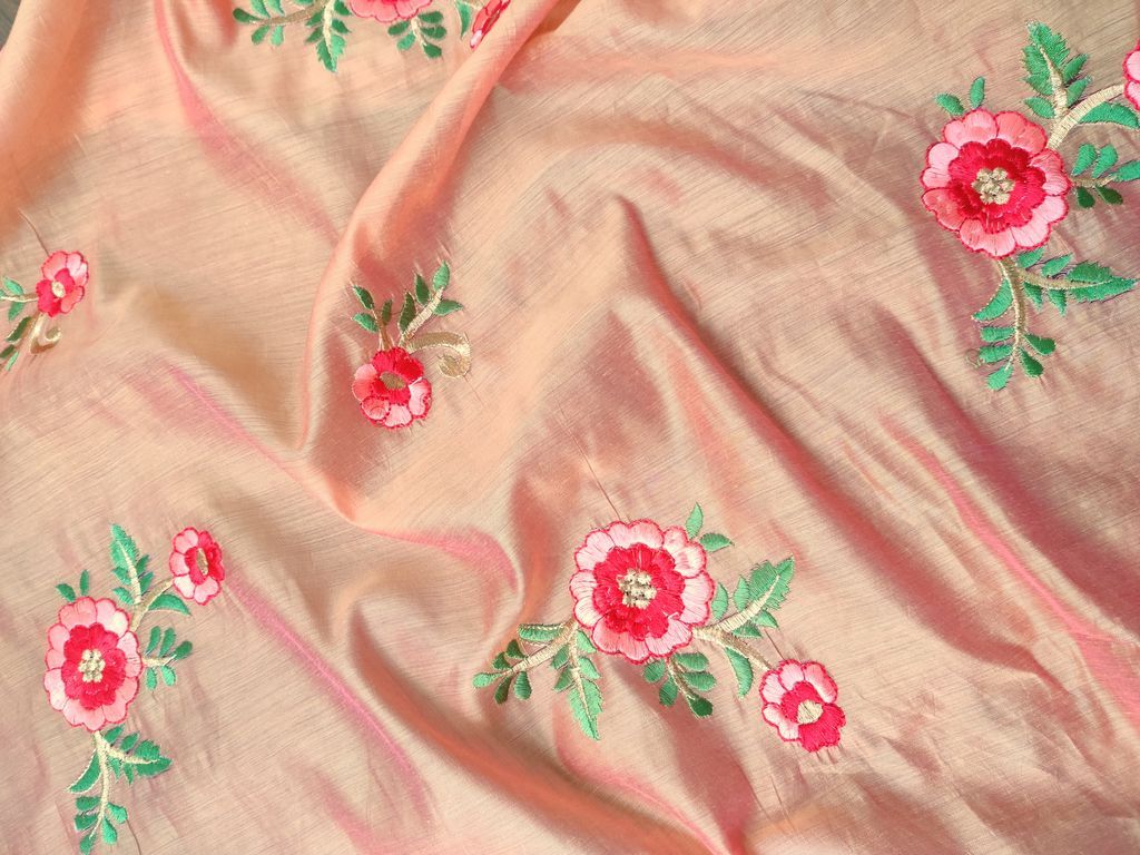 Pink Yellow Floral Embroidered Chanderi Fabric