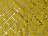 Yellow Silver faux Mirror Work Embroidered Cotton Fabric