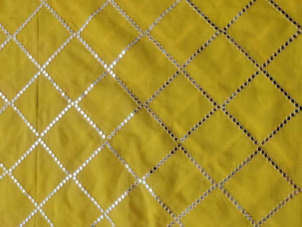 Yellow Silver faux Mirror Work Embroidered Cotton Fabric