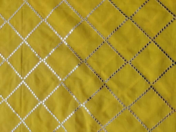Yellow Silver faux Mirror Work Embroidered Cotton Fabric