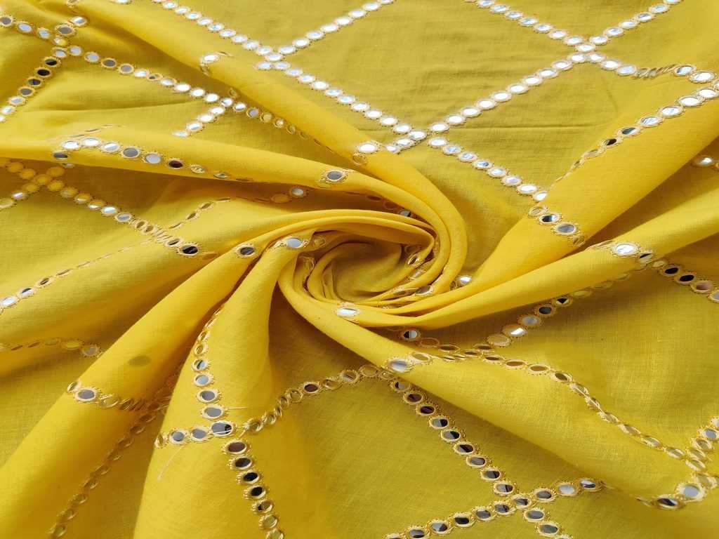 Yellow Silver faux Mirror Work Embroidered Cotton Fabric