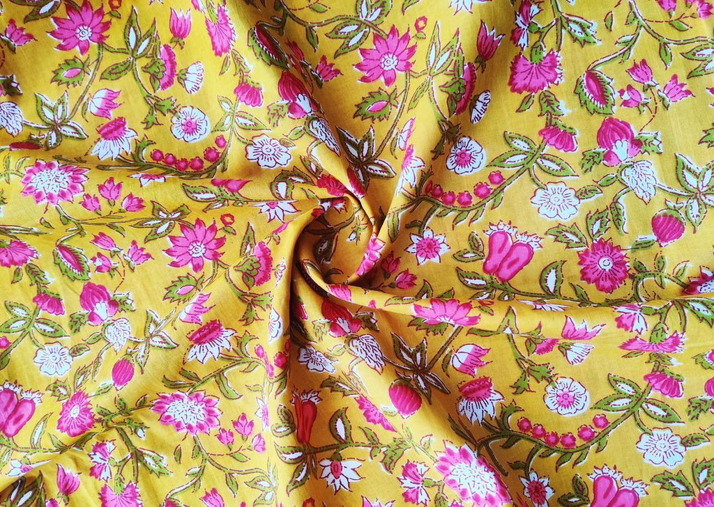Yellow Pink Flowers Printed Cotton Fabric