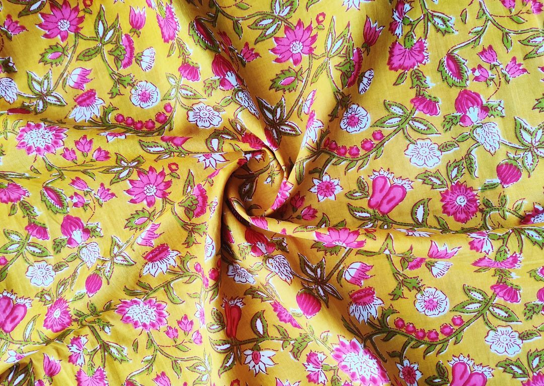 Yellow Pink Flowers Printed Cotton Fabric