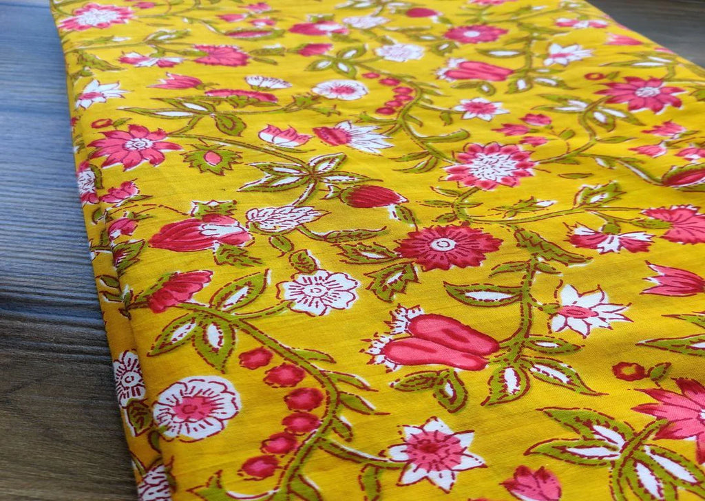 Yellow Pink Flowers Printed Cotton Fabric