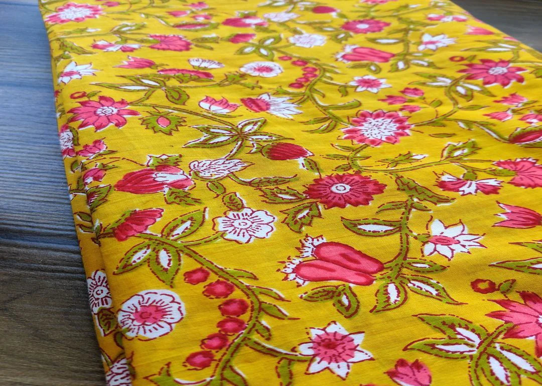 Yellow Pink Flowers Printed Cotton Fabric