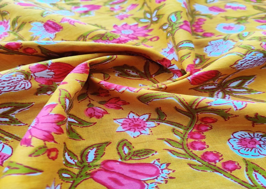 Yellow Pink Flowers Printed Cotton Fabric