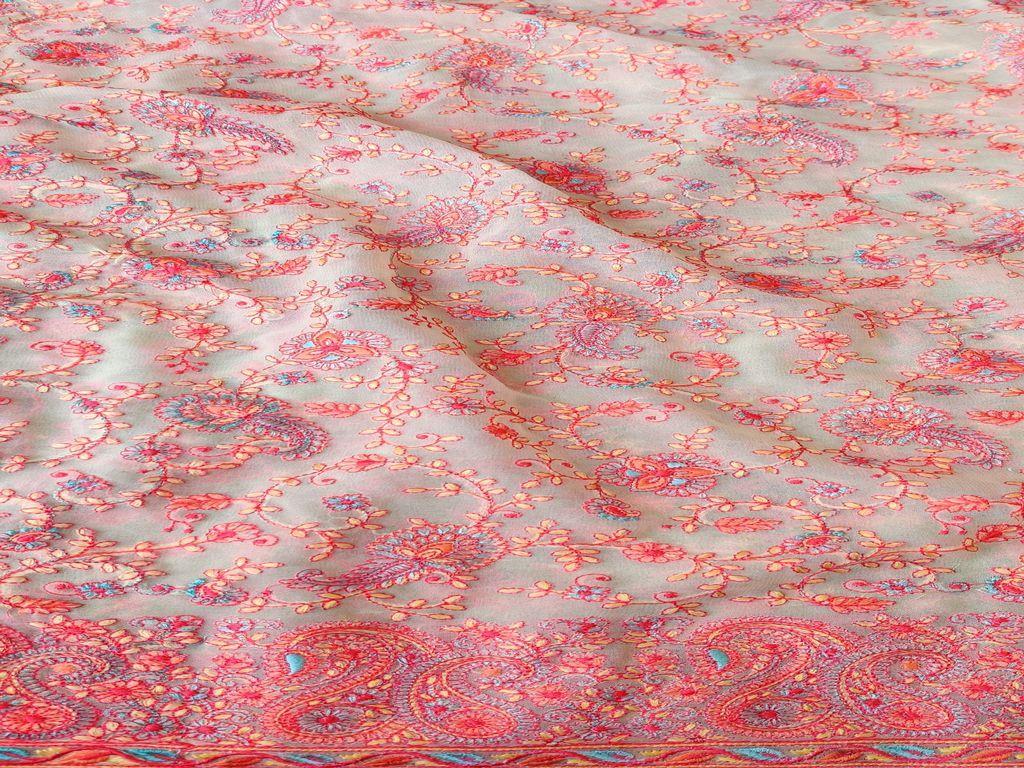 Yellow Multicolour Paisleys Kashmiri Embroidered Georgette Fabric
