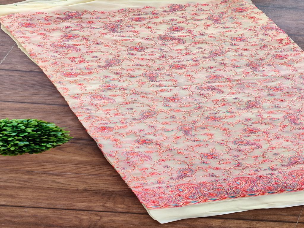 Yellow Multicolour Paisleys Kashmiri Embroidered Georgette Fabric