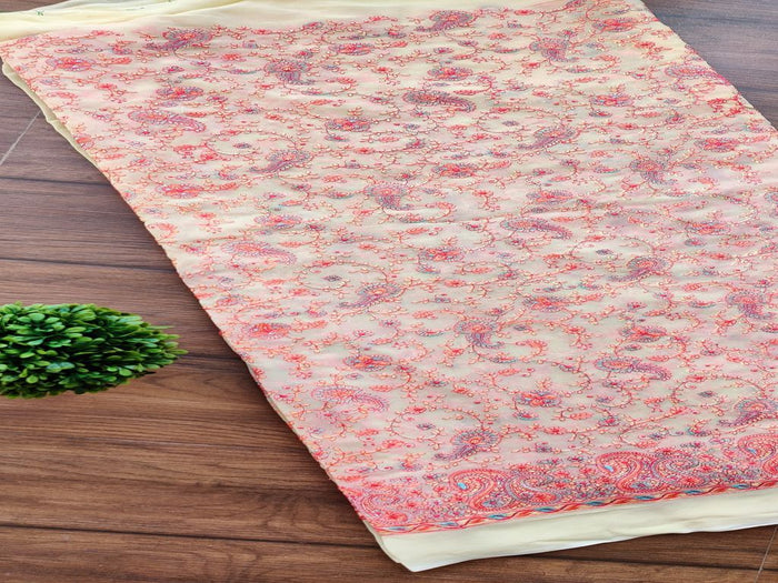 Yellow Multicolour Paisleys Kashmiri Embroidered Georgette Fabric