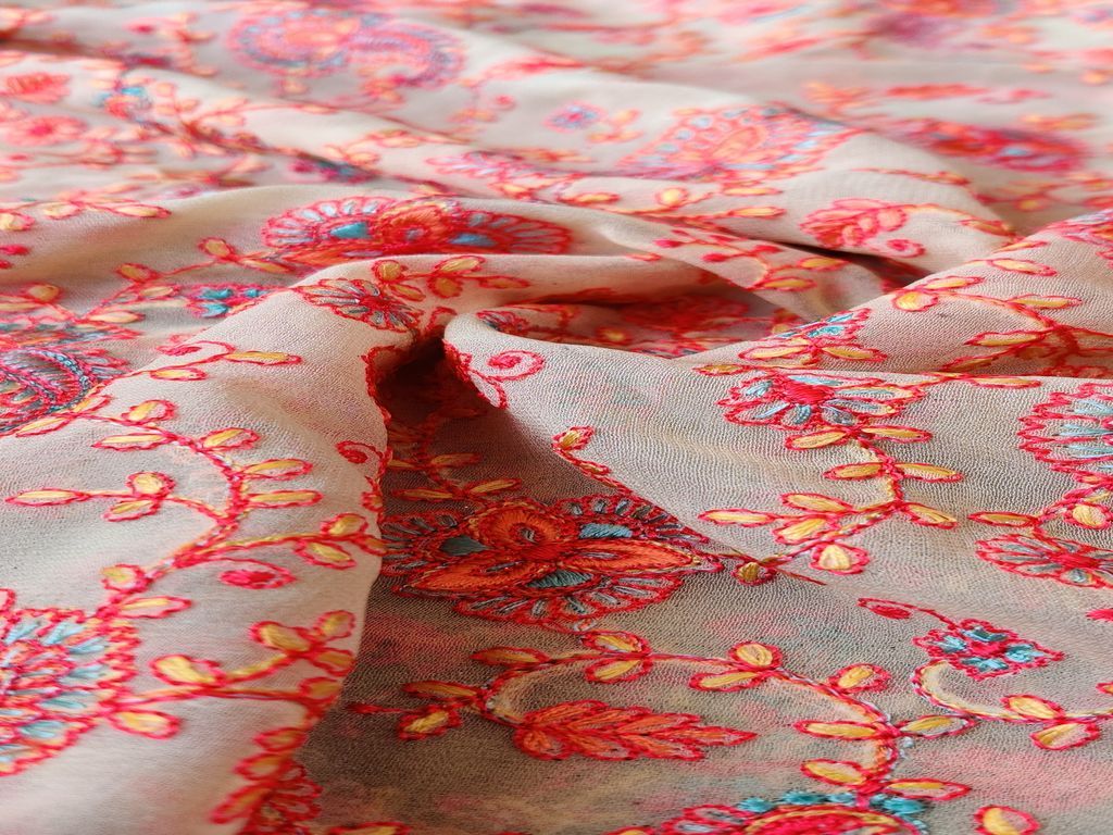 Yellow Multicolour Paisleys Kashmiri Embroidered Georgette Fabric