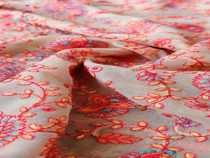 Yellow Multicolour Paisleys Kashmiri Embroidered Georgette Fabric