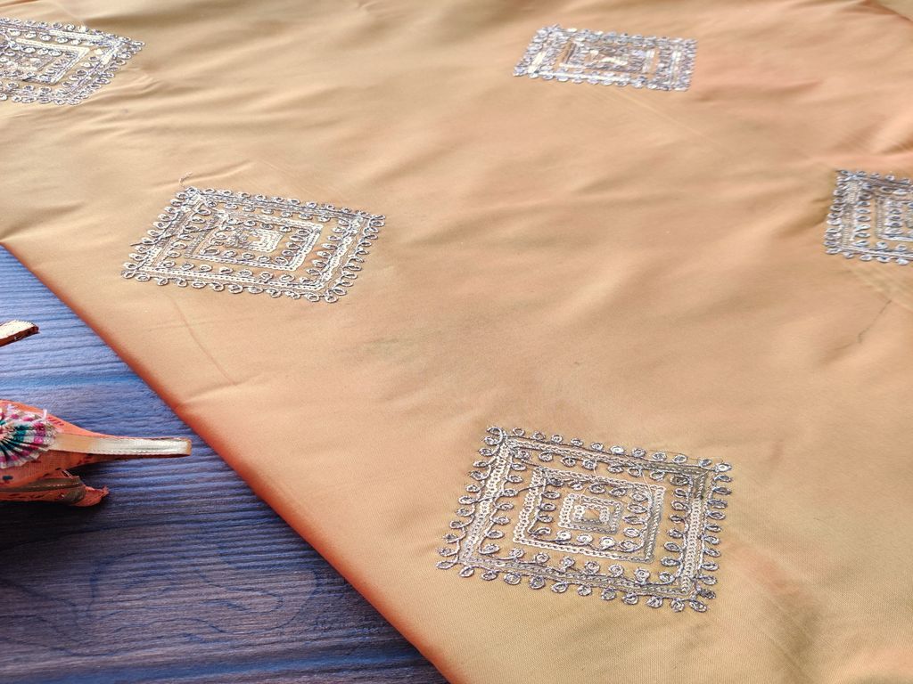 Yellow Floral Dori Work Embroidered Taffeta Silk Fabric