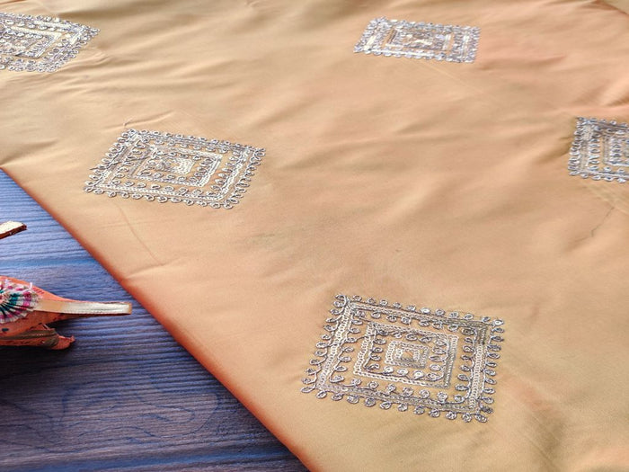Yellow Floral Dori Work Embroidered Taffeta Silk Fabric