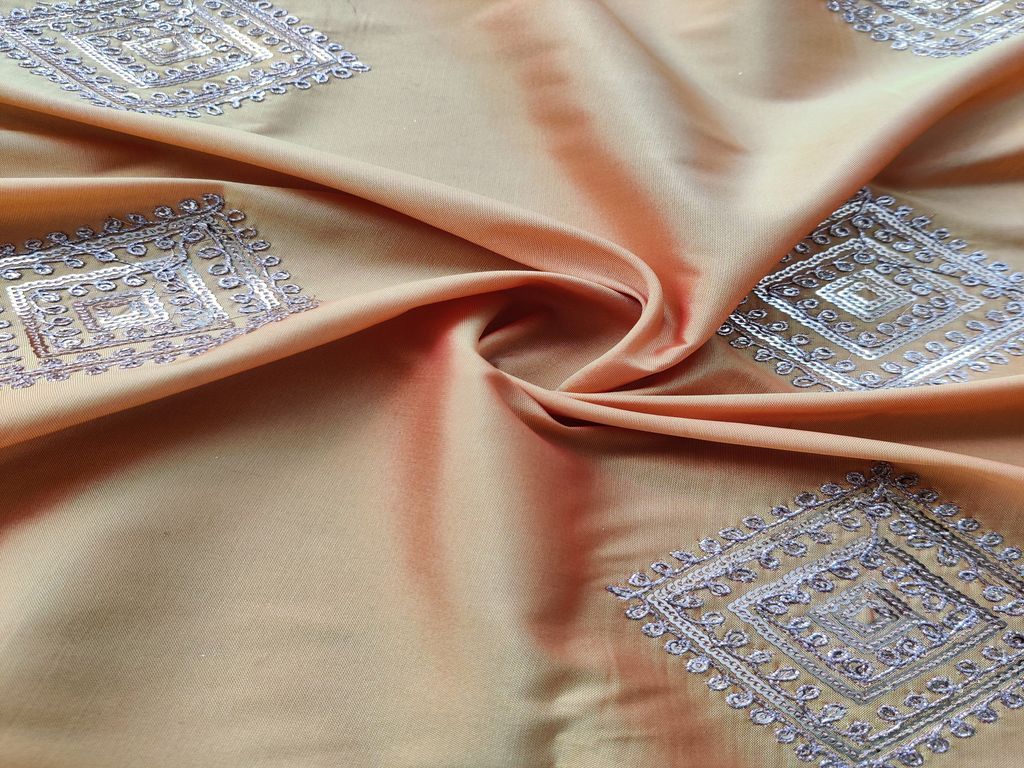 Yellow Floral Dori Work Embroidered Taffeta Silk Fabric