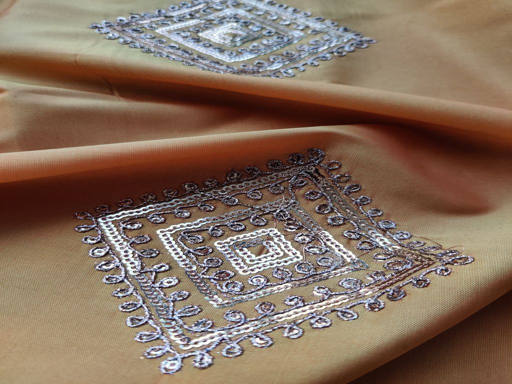 Yellow Floral Dori Work Embroidered Taffeta Silk Fabric