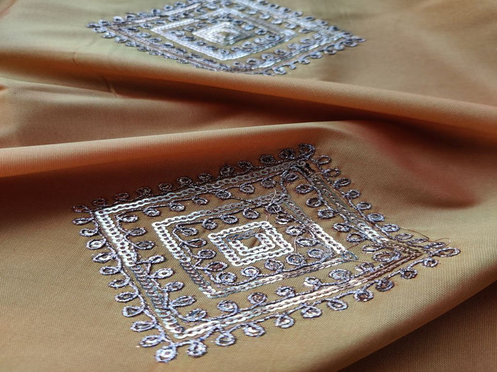 Yellow Floral Dori Work Embroidered Taffeta Silk Fabric