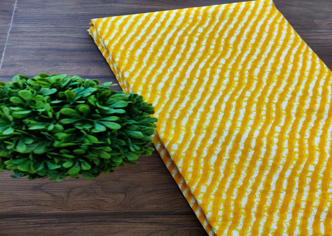 Yellow White Lehariya Printed Cotton Fabric