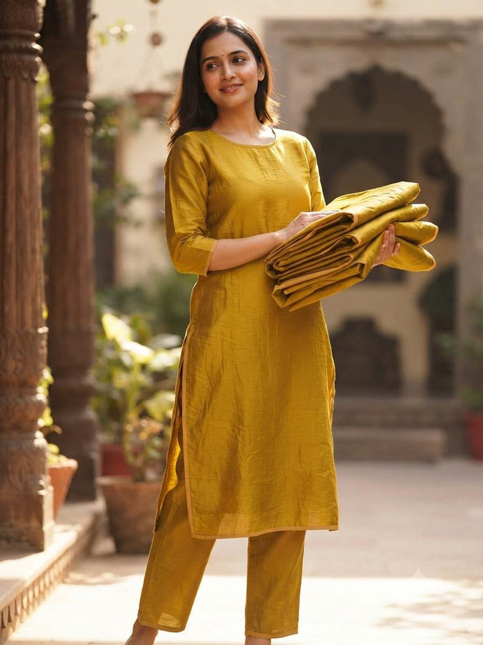 Close-up of golden yellow Chanderi silk fabric texture showing sheer weave