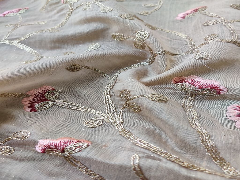 Beige Floral Embroidered Chanderi Fabric