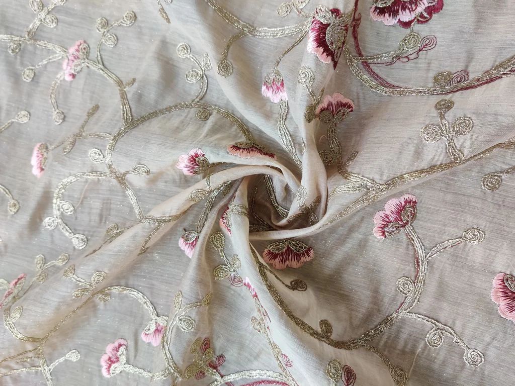 Beige Floral Embroidered Chanderi Fabric