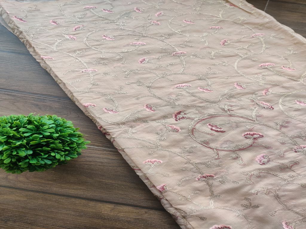 Beige Floral Embroidered Chanderi Fabric