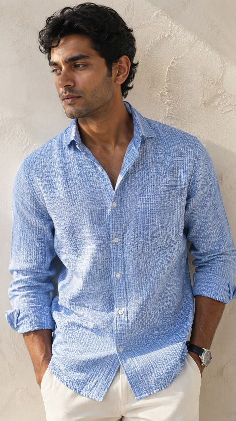 Blue and White Checks Pure Cotton Linen Fabric (60 Lea)