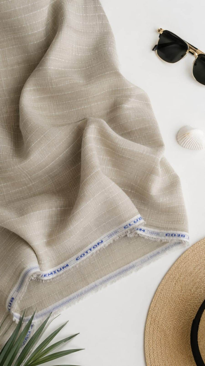 Beige With White Doted Horizontal Lines Cotton Linen Fabric