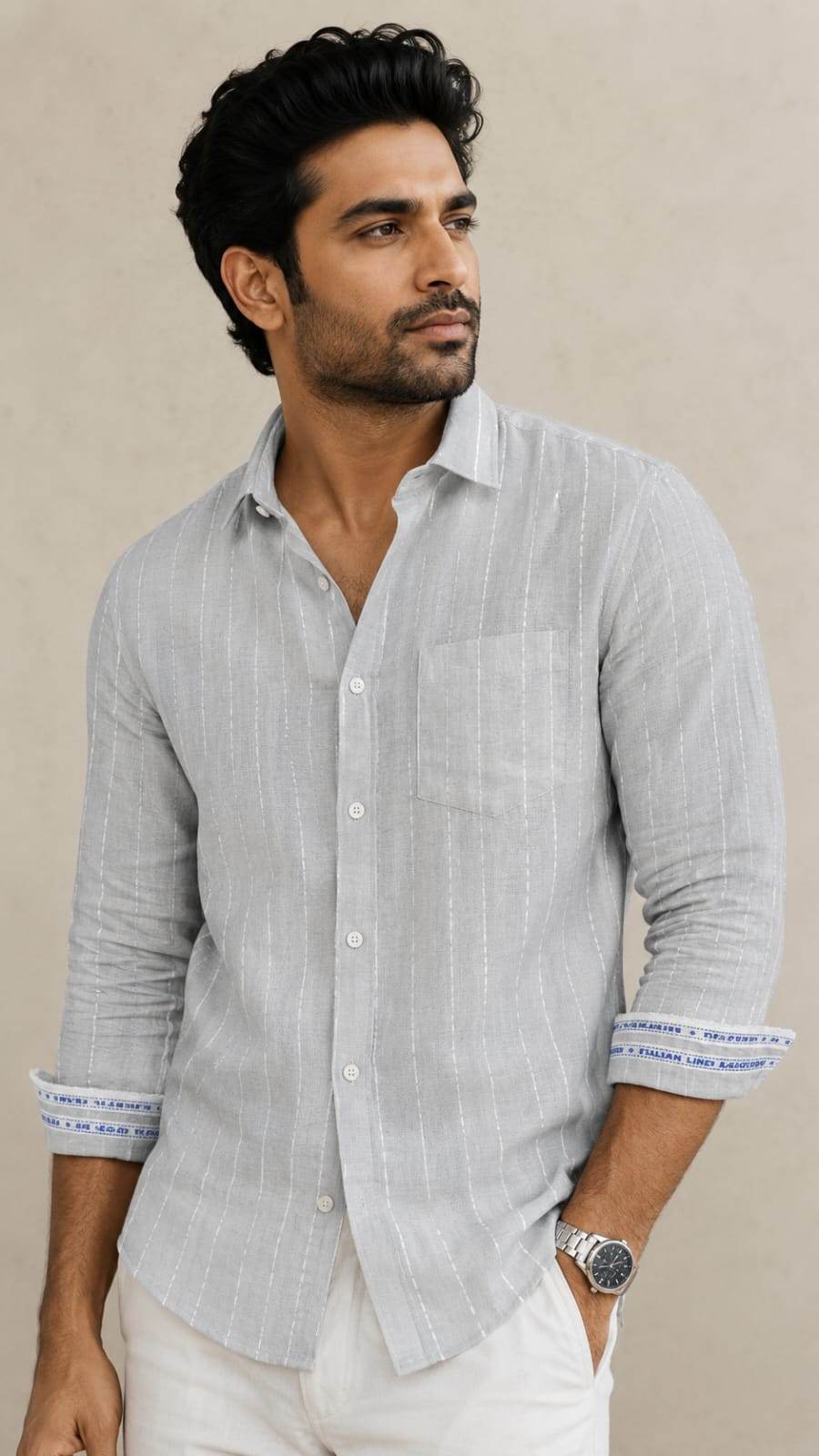Grey With White Doted Horizontal Lines Cotton Linen Fabric