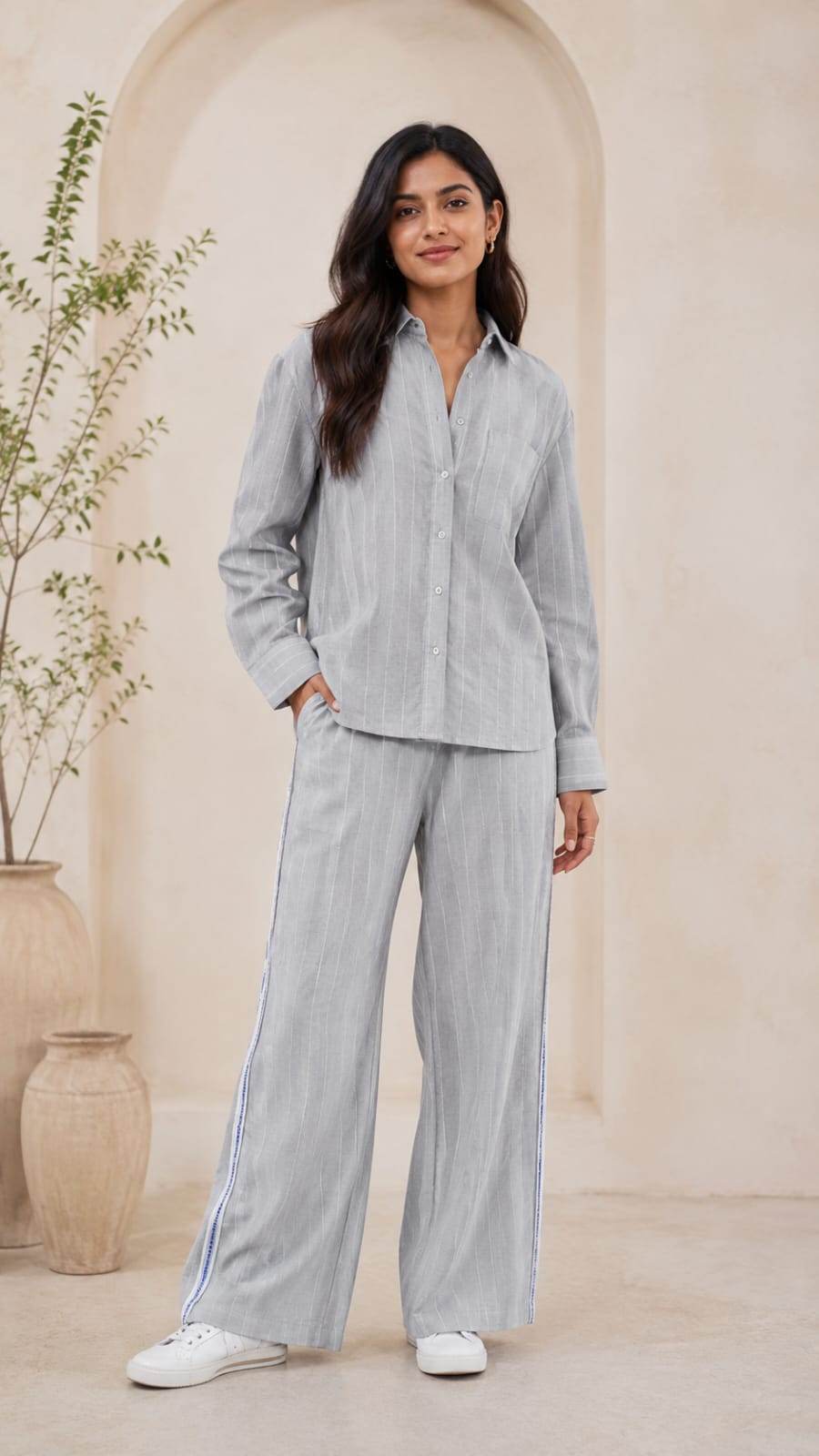 Grey With White Doted Horizontal Lines Cotton Linen Fabric