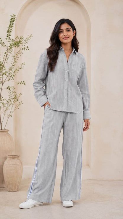 Grey With White Doted Horizontal Lines Cotton Linen Fabric