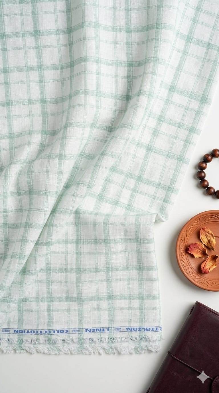 White with Pista Green Checks Premium Cotton Linen Fabric
