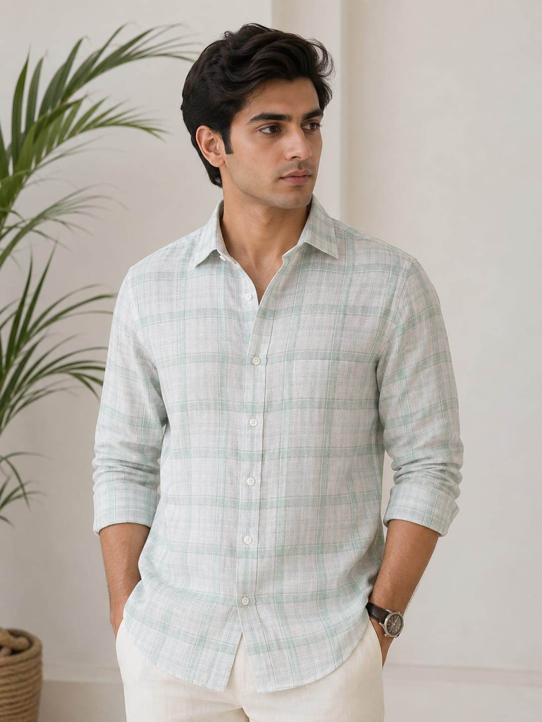 White with Pista Green Checks Premium Cotton Linen Fabric
