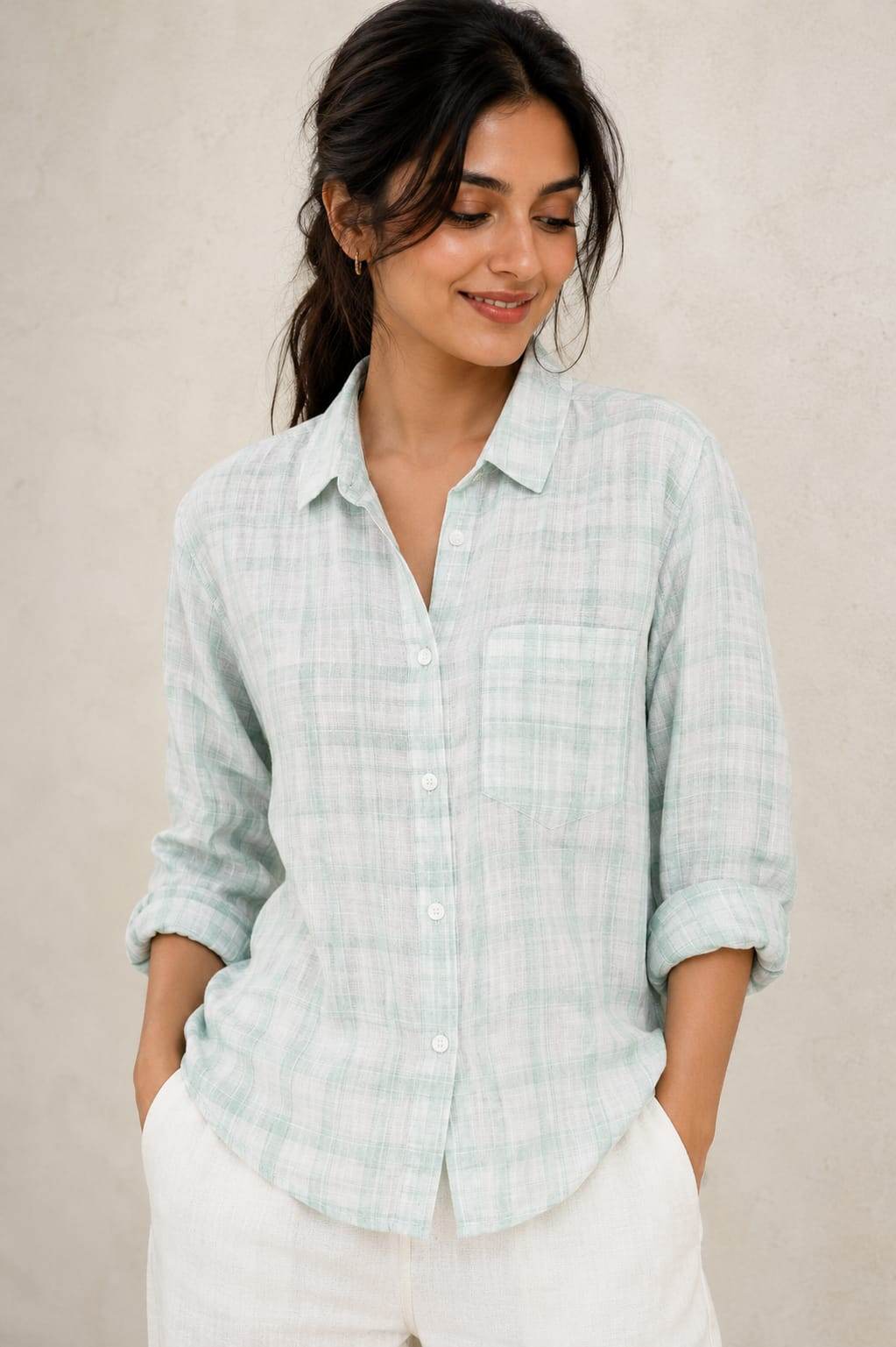 White with Pista Green Checks Premium Cotton Linen Fabric