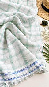 White with Pista Green Checks Premium Cotton Linen Fabric