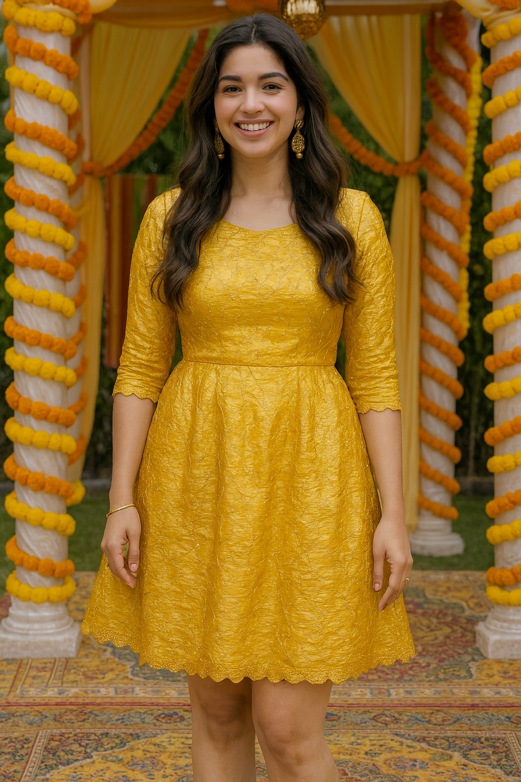 Beads & Sequins Embroidered Dark Mustard Yellow Crushed Tissue Fabric