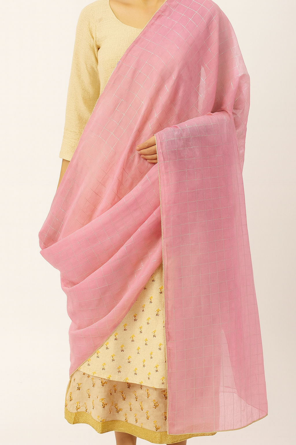 Peach Pink Golden Weaved Checks Organza Fabric