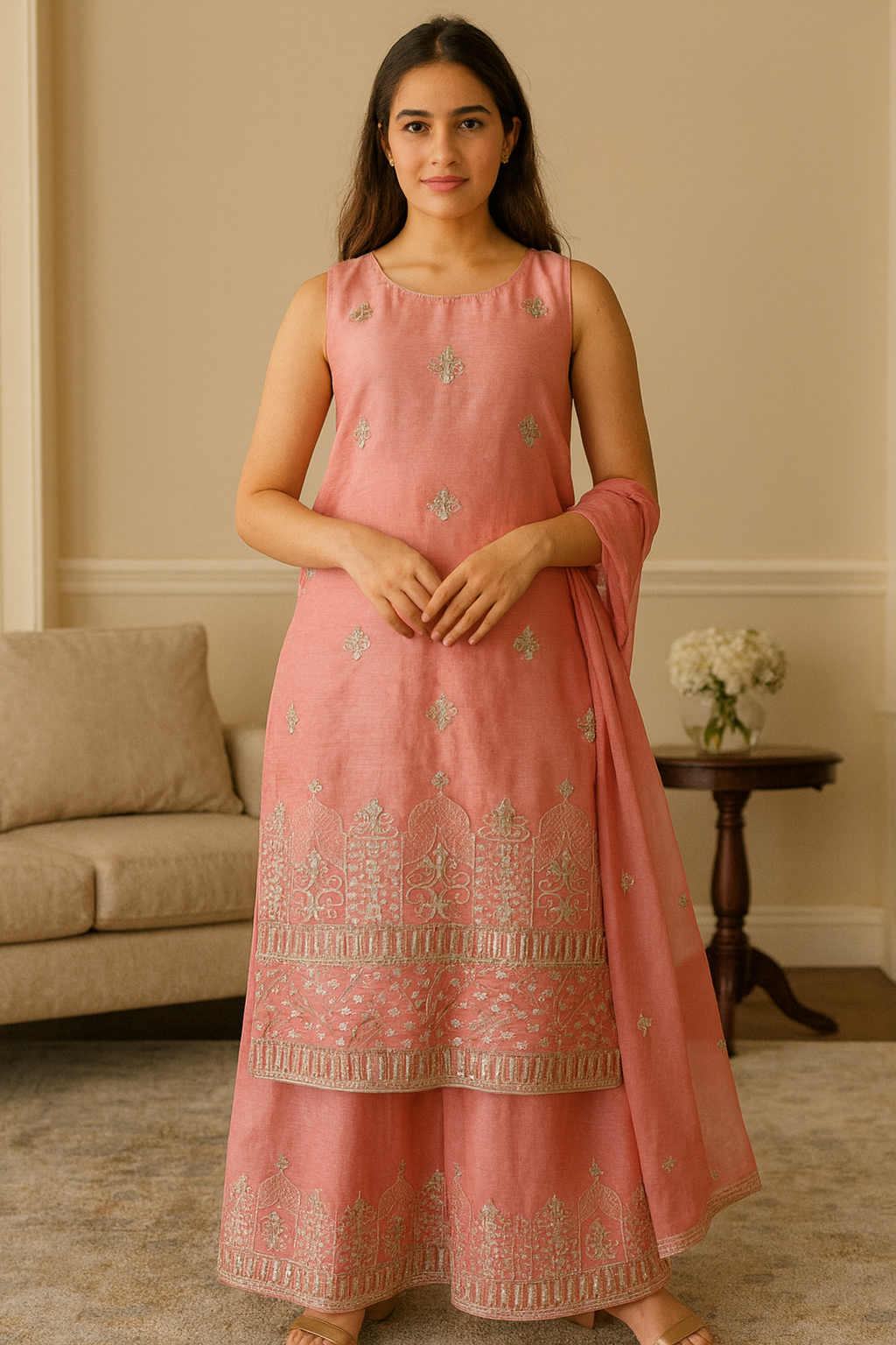 Zardozi & Sequins Embroidered Light Gajri Tissue Fabric