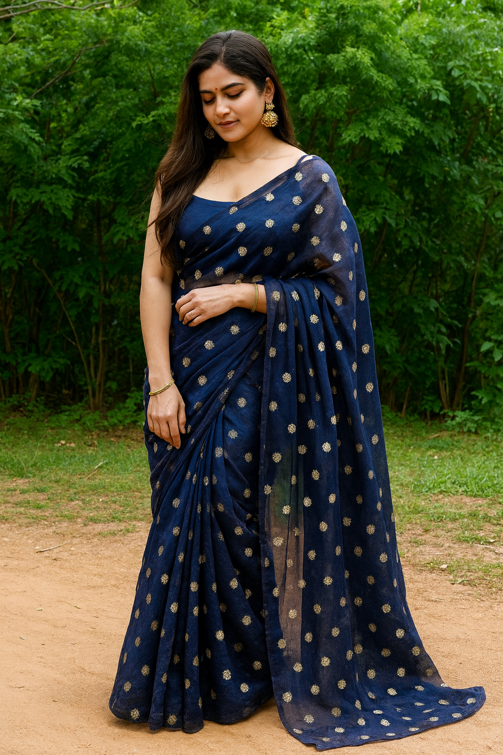 Blue Booming Organza Fabric with Golden Sequence Butti